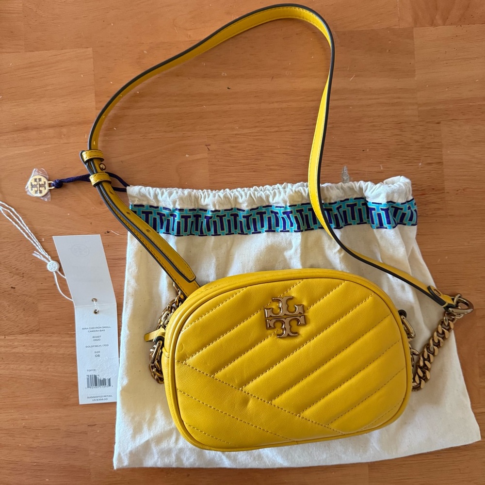 Tory Burch Kira Chevron Small Camera Bag Goldfinch Yellow Leather Crossbody